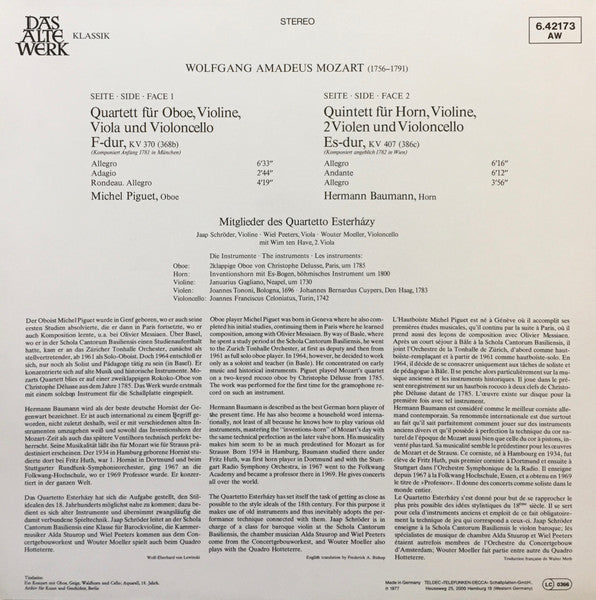 Wolfgang Amadeus Mozart, Quartetto Esterházy – Oboenquartett F-dur, KV 370 / Hornquintett Es-dur, KV 407 (E/E) – LP, DE 1978 - Image 2