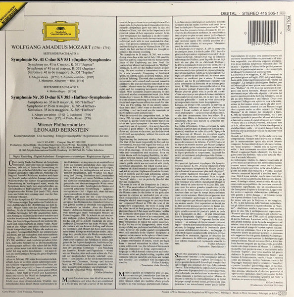 Wolfgang Amadeus Mozart, Wiener Philharmoniker, Leonard Bernstein – Symphonien No.35 "Haffner" / No.41 "Jupiter" (VG+/VG+) – LP, DE 1985 - Image 2