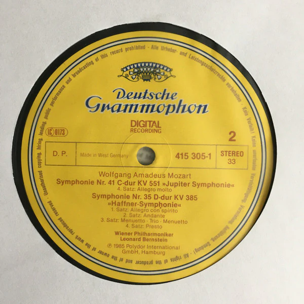 Wolfgang Amadeus Mozart, Wiener Philharmoniker, Leonard Bernstein – Symphonien No.35 "Haffner" / No.41 "Jupiter" (VG+/VG+) – LP, DE 1985 - Image 4