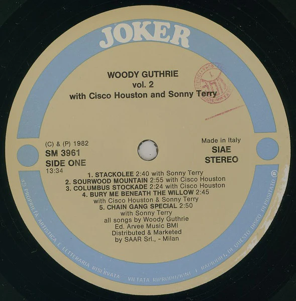 Woody Guthrie, Cisco Houston, Sonny Terry – Woody Guthrie Vol. 2 (VG+/VG+) – LP, IT 1982 - Image 3