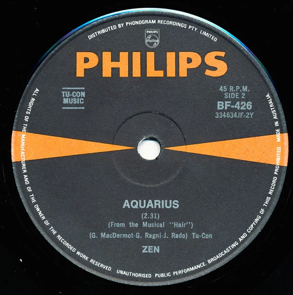 Zen – Hair / Aquarius (VG+/Generic) – 7", AU 1968 - Image 2