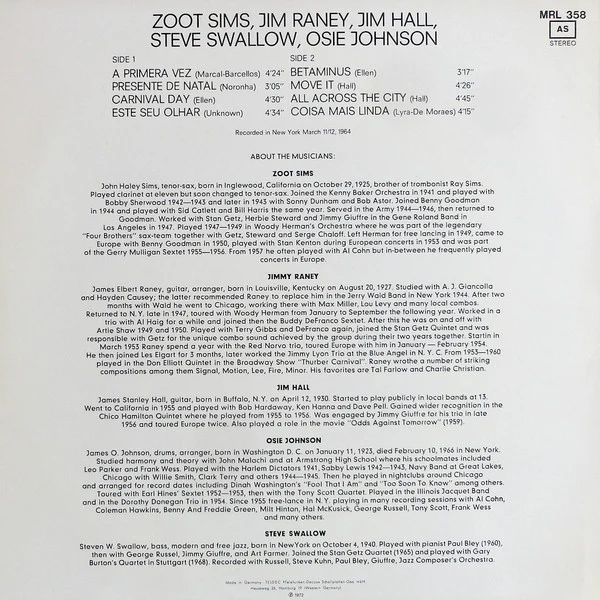 Zoot Sims, Jimmy Raney, Jim Hall – Otra Vez (VG+/VG+) – LP, DE 1972 - Image 2