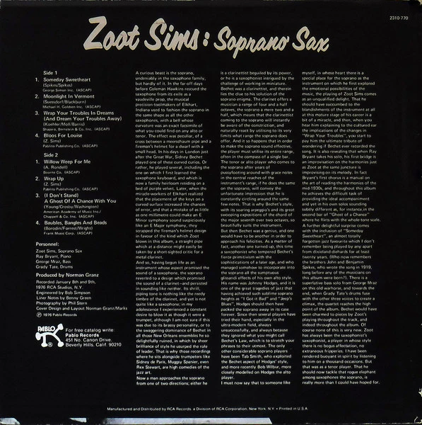 Zoot Sims – Soprano Sax (VG+/VG+) – LP, US 1976 - Image 2